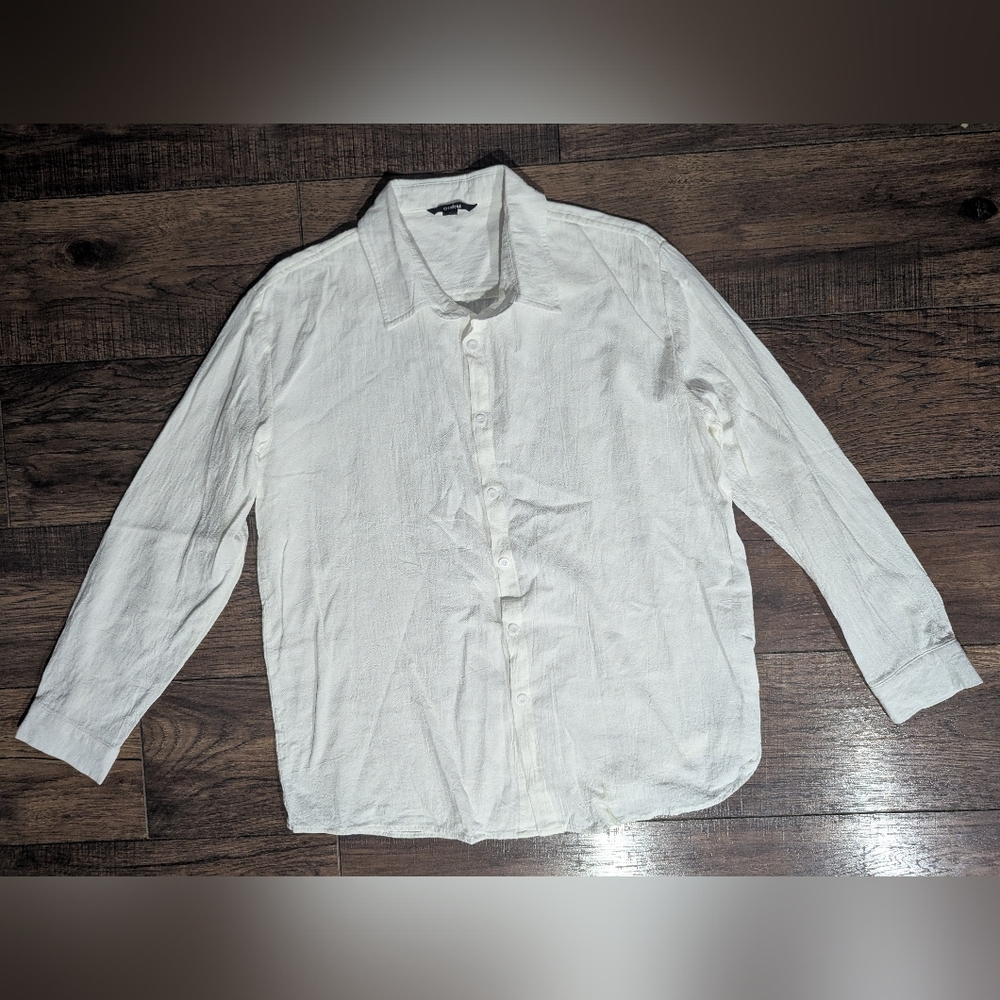 Ouku Mens Classic Beachy White Linen Blend Button Down Long Sleeve Shirt Size XL